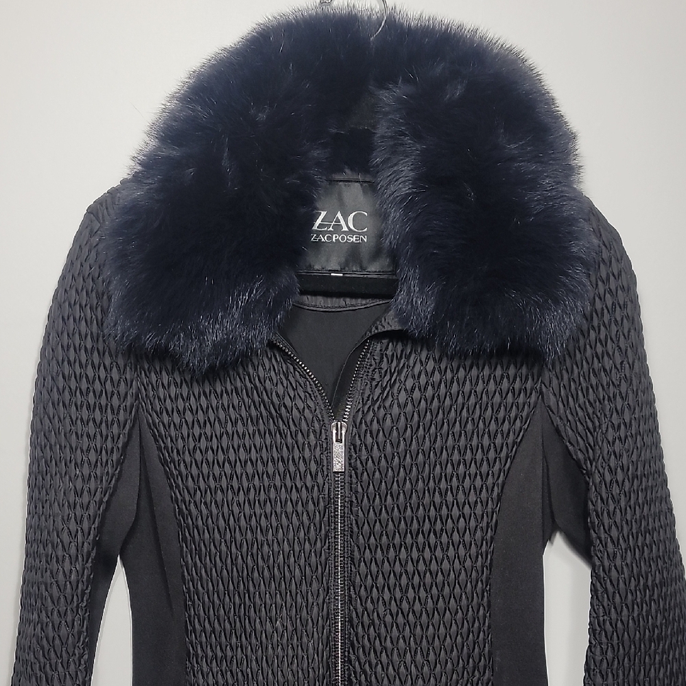 ZAC Zac Posen Textured Black Bomber Jacket with Plush Fur Collar